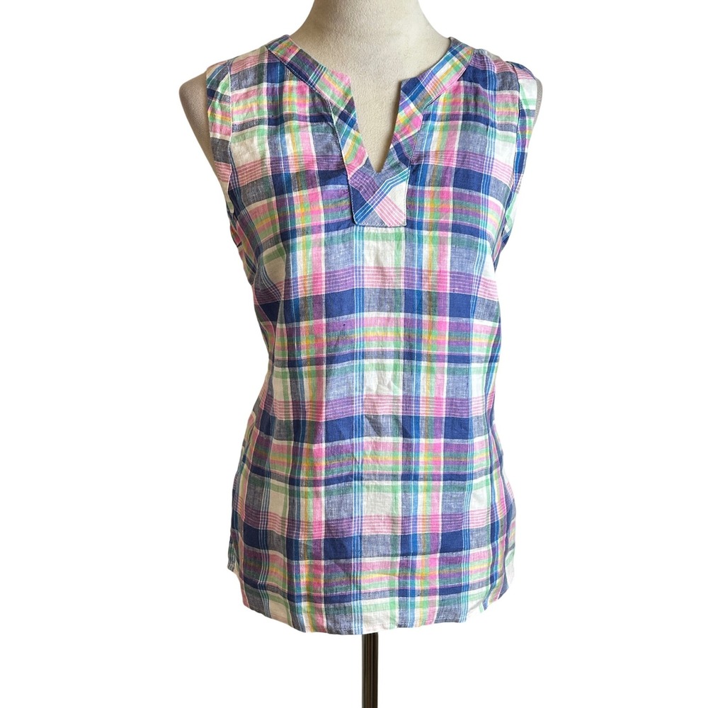 Talbots Womens Small Linen Sleeveless Plaid Split V-Neck Tunic Top Multi-Color